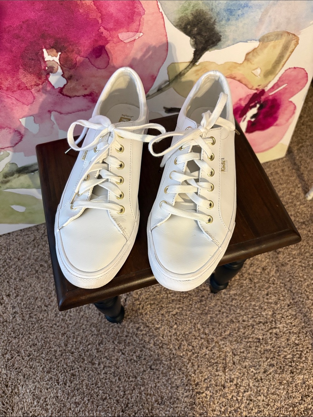 Keds White Leather Low-Top Sneakers with Gold Eyelets